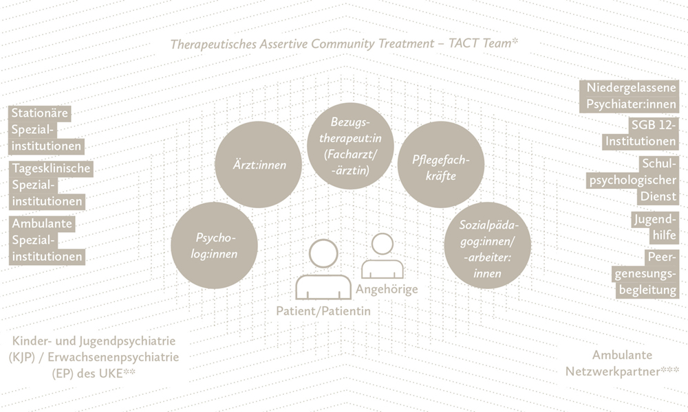 *Die Versorgung erfolgt in Zweierteams: Diese setzen sich entweder aus zwei Mitarbeitenden des TACT-Teams oder einem TACT-Team-Mitglied und einem niedergelassenen Psychiater/einer niedergelassenen Psychiaterin/der Fachkraft einer anderen Institution zusammen. **Entwicklung, Koordination und Administration der Patient:innen und Versorgungsleistungen liegen beim UKE. ***Die Patient:innen erhalten entsprechend ihren Behandlungszielen und Bedarfen geeignete Angebote/Interventionen der UKE-Spezialinstitutionen und ambulanten Partner.